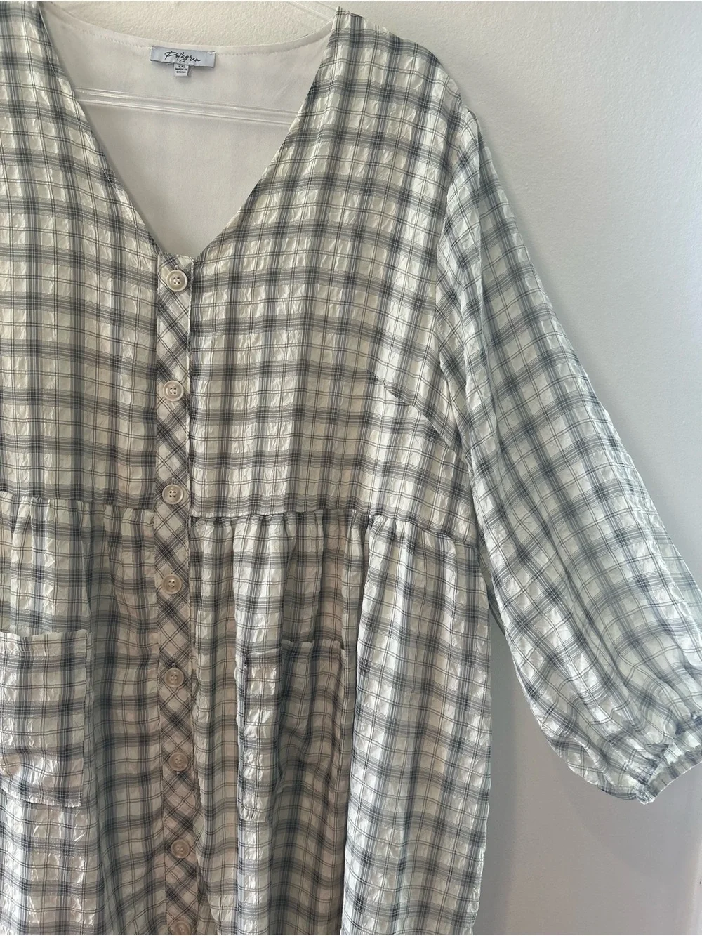 Sage Green Plaid 2XL Puff Sleeve Dress Cottagecore Button Front Prairie Pockets